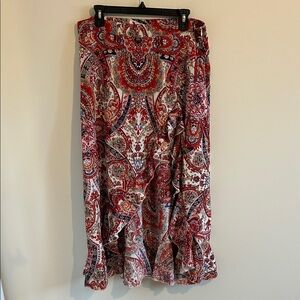 Plus - Paisley Ruffled Print Red Skirt - 1X